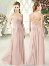Edgy Pink Chiffon Criss Cross Prom Dresses Sleeveless Floor Length Ruching