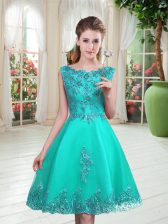 Romantic Scoop Sleeveless Homecoming Dress Knee Length Beading and Appliques Turquoise Tulle