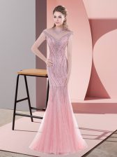  Scoop Cap Sleeves Prom Party Dress Sweep Train Beading and Lace Pink Tulle
