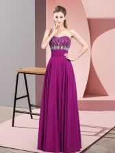  Fuchsia Empire Chiffon Strapless Sleeveless Beading and Ruching Floor Length Zipper Prom Party Dress