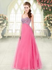  Hot Pink A-line Tulle Sweetheart Sleeveless Beading Floor Length Lace Up Prom Gown