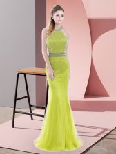 Elegant Yellow Green Mermaid High-neck Sleeveless Tulle Sweep Train Backless Beading Prom Evening Gown