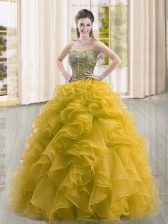  Gold Ball Gowns Organza Sweetheart Sleeveless Beading and Ruffles Floor Length Lace Up Quinceanera Dress