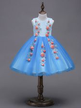 New Style Blue Ball Gowns Scoop Sleeveless Tulle Mini Length Zipper Hand Made Flower Flower Girl Dresses for Less