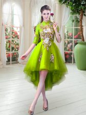  A-line Prom Evening Gown Yellow Green High-neck Tulle Half Sleeves High Low Zipper