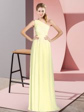  Sleeveless Chiffon Floor Length Lace Up Evening Dress in Yellow with Ruching