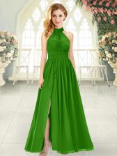  Halter Top Sleeveless Prom Dress Ankle Length Ruching Green Chiffon