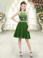 Edgy Green Halter Top Neckline Beading Dress for Prom Sleeveless Zipper