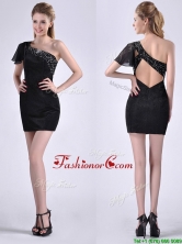 Best One Shoulder Black Prom Dress with Beaded Decorated Criss Cross THPD193FOR