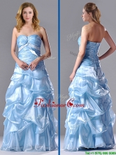 Column Sweetheart Long Light Blue Beaded Ruched Prom Dress in Organza  THPD276FOR