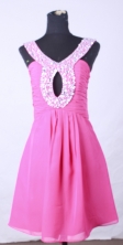 Discount empire scoop mini length chiffon beading pink short prom dresses FA-X-109
