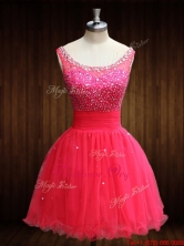 Elegant Beaded Bodice Open Back Organza Prom Dress in Coral Red SWPD015FOR