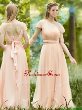 Elegant See Through Scoop Short Sleeves Prom Dress in Peach BMT098BFOR