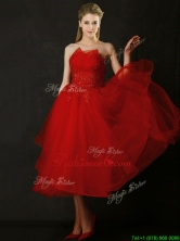 Elegant Tea Length Applique Red Prom Dress with Asymmetrical Neckline BMT0187FOR