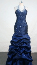 Fashionable Mermaid Halter Top Floor-length Taffeta Navy Blue Prom Dresses Appliques with Beading Style FA-Z-00172