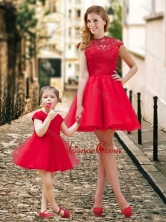 Feminine High Neck Backless Prom Dress in Red and Beautiful Mini Length Little Girl Dress with Cap Sleeves DXZH013FOR