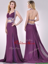 Gorgeous Cut Out Waist Halter Top Prom Dress with Brush Train THPD165FOR