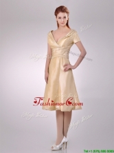 Hot Sale V Neck Champagne Tea Length Prom Dress with Short Sleeves THPD015FOR