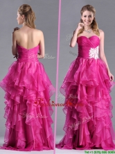 Modern Brush Train Fuchsia Prom Dress with Appliques and Ruffles THPD174FOR