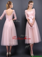 Most Popular Scoop Half Sleeves Baby Pink Prom Dress with Bowknot BMT0107-2FOR