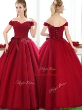 New Arrivals Off the Shoulder Wine Red Prom Dress with Bowknot BMT089FOR