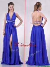 New Halter Top Blue Backless Prom Dress with Beading and High Slit THPD169FOR