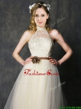 Sweet High Neck Champagne Prom Dress with Hand Made Flowers and Lace BMT0143AFOR