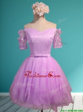 Sweet Lilac Off the Shoulder Short Sleeves Prom Dress with Appliques and Belt BMT0127CFOR