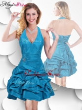 Romantic Halter Top Taffeta Teal Prom Dress with Bubles SWPD007FBFOR  