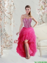 2016 Fashionable High Low Sweetheart Beaded and Ruffles Prom Dresses in Hot Pink QDDTA5004FOR