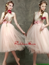 Beautiful Tea Length V Neck Prom Dress with Belt and Bowknot BMT087-4FOR