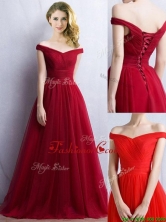 Elegant Off the Shoulder Cap Sleeves Prom Dress in Wine Red BMT0130FOR