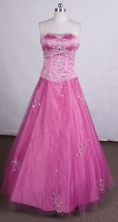 Fashionable A-line strapless floor-length pink appliques with beading prom dresses FA-X-137