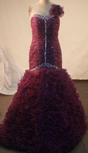 Fashionable Mermaid One-shoulder Neck  Floor-length Burgundy Beading Prom Dresses Style FA-C-199