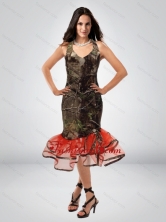 Fashionable Column V Neck Tea Length Camo Prom Dress with Ruching CMPD064FOR