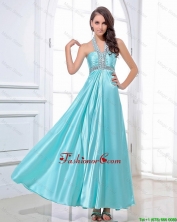 Gorgeous Halter Top Beading Ankle Length Aqua Blue Prom Dresses DBEE384FOR