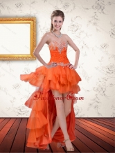 High Low Sweetheart Orange Fashionable Prom Dresses with Ruffles and Beading QDZY061TZBFOR