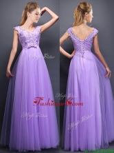 Lovely Beaded and Bowknot V Neck Prom Dress in Lavender BMT0158-2FOR