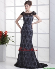 Luxurious Column Lace Black Prom Dresses with Brush Train DBEE525FOR