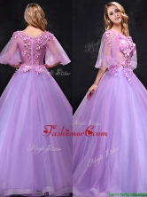 See Through Half Sleeves Bateau Prom Dress with Hand Made Flowers BMT091FOR