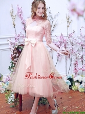See Through High Neck Half Sleeves Prom Dress with Bowknot BMT0106CFOR