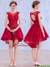See Through Scoop High Low Wine Red Prom Dress with Lace BMT0118FOR