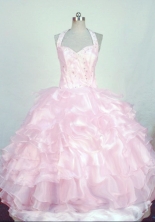  Classical Ball Gown Halter Top Floor-length Baby pink Organza Beading Flower Girl dress Style FA-L-448