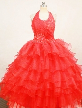 Exclusive Ball Gown Halter Top Floor-length Red Organza Beading Flower Girl dress Style FA-L-412