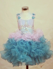  Exclusive Ball Gown Scoop Mini-length Teal Organza Beading Flower Girl dress Style FA-L-454