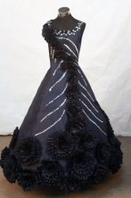  Exquisite Ball Gown Strap Floor-length Black Satin Beading Flower Girl Dress Style FA-L-440