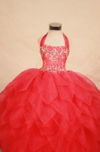  Modest Ball gown Halter Top neck Floor-length Red Beading Flower Girl Dresses Style FA-C-254