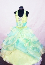  Modest Ball gown Halter top neck Floor-length Spring Green Beading Flower Girl Dresses Style FA-C-271
