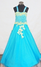  Popular Ball Gown Strap Floor-length Aqua Blue Appliques Flower Girl dress Style FA-L-444