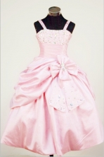  Sweet Ball Gown Straps Floor-length Baby Pink Satin Beading Flower Girl dress Style FA-L-432